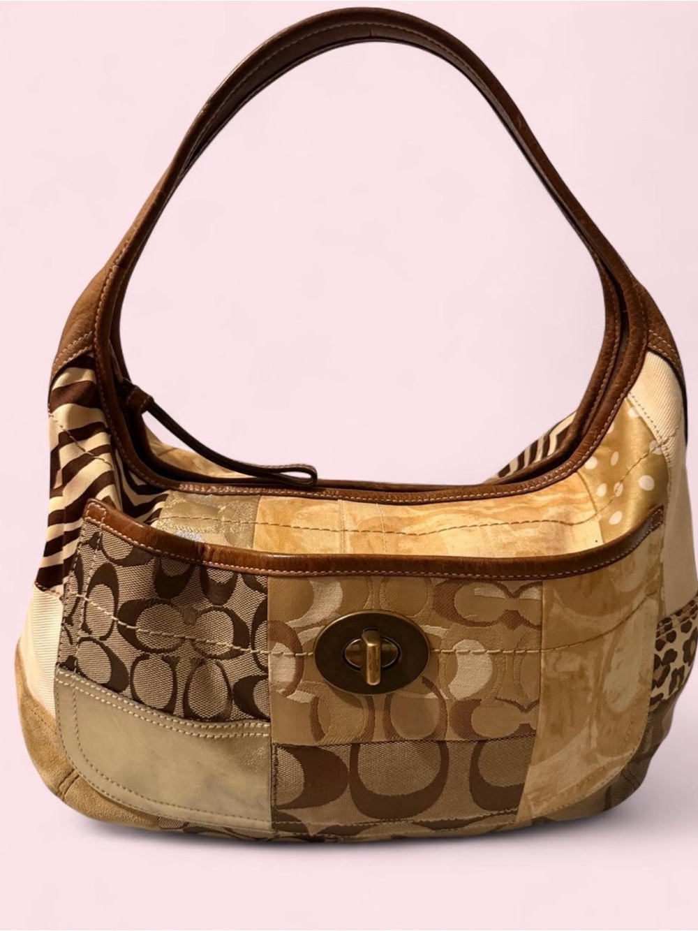 Coach Patchwork Signature Hobo Bag in Brown and Cream
